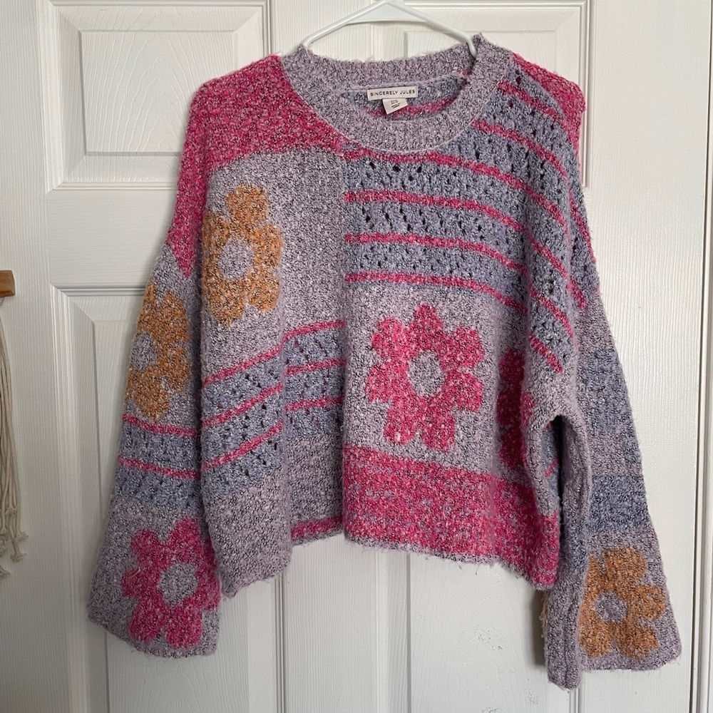 Sincerely Jules Women’s Size M Cropped Floral Knit Wool Blend Sweater